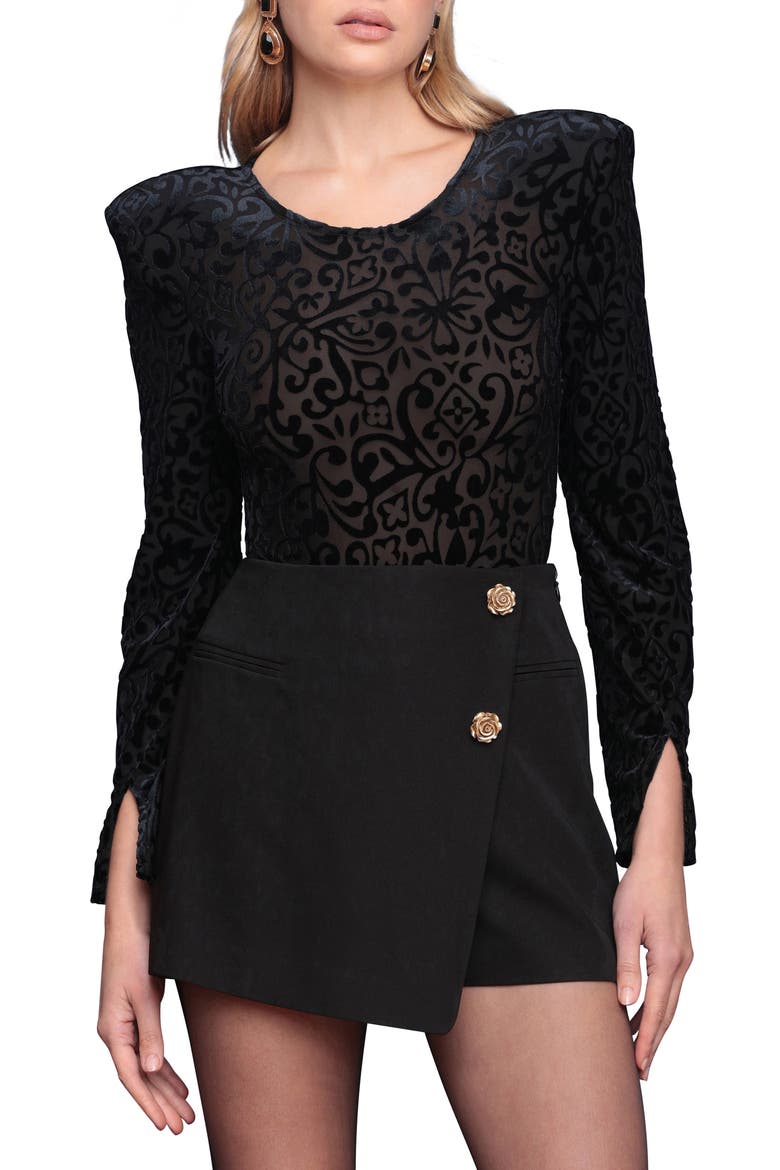 Open Back Flocked Bodysuit, Main, color, BLACK
