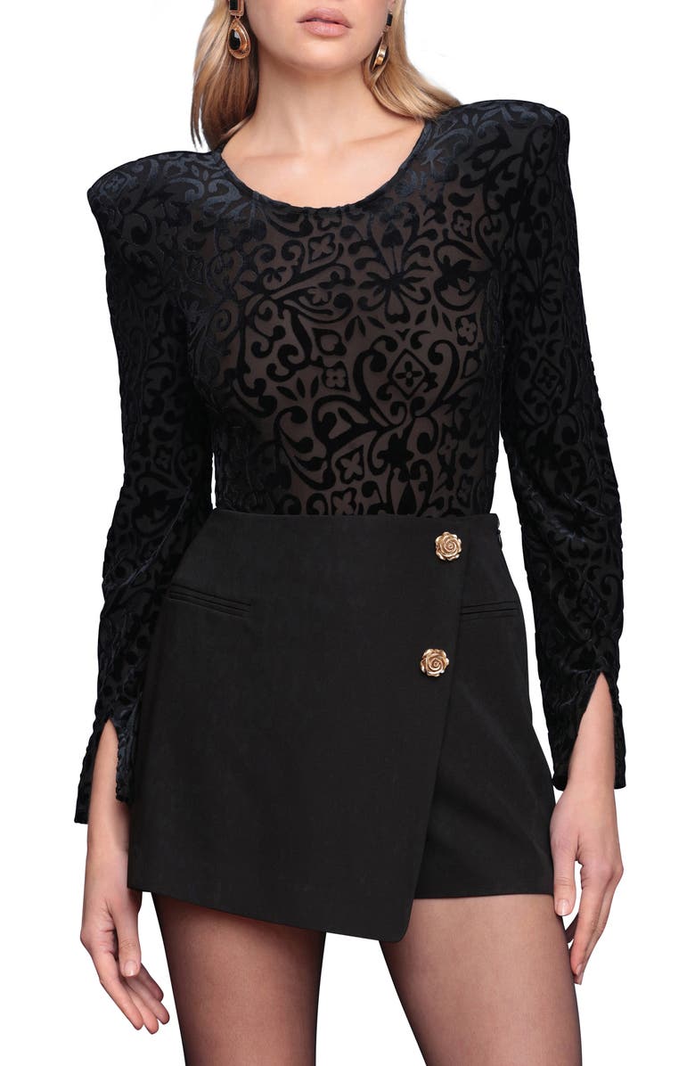 Avec Les Filles Open Back Flocked Bodysuit, Main, color, Black