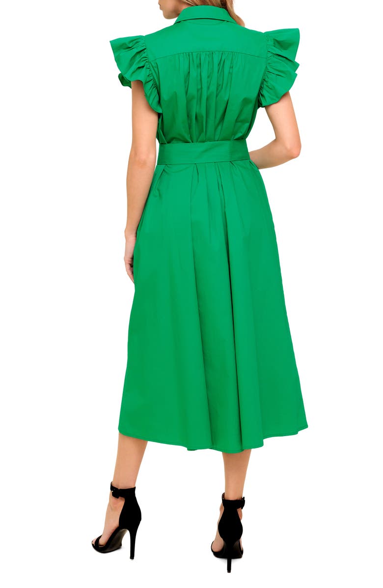 FLYING TOMATO Ruffle Cap Sleeve Belted Midi Shirtdress, Alternate, color, Green