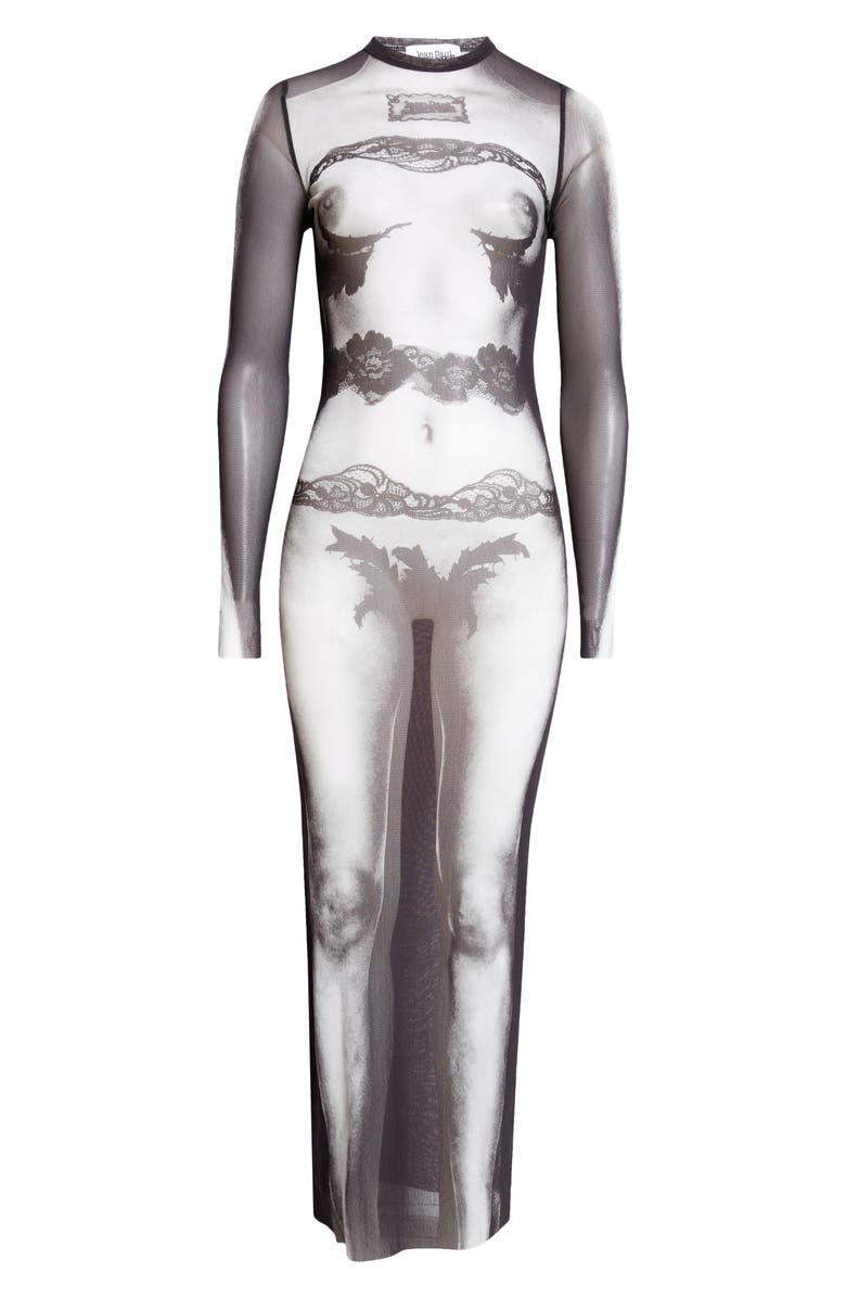 Jean Paul Gaultier Trompe l'Oeil Long Sleeve Mesh Dress, Alternate, color, 