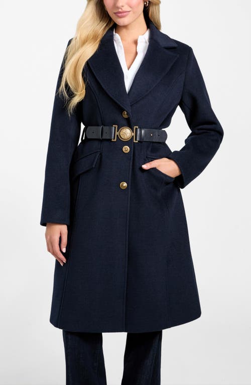 Guess New Patrice Belted Coat With Removable Faux Fur Collar In Blue