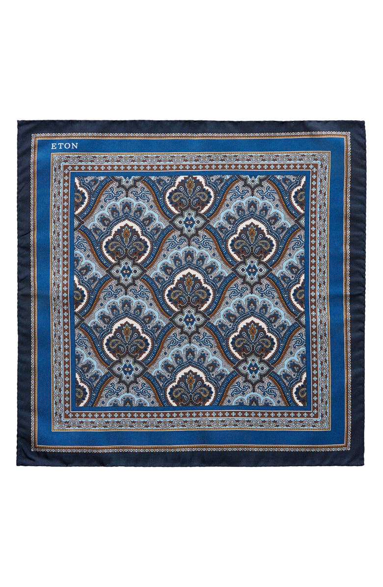 Eton Paisley Silk Pocket Square, Alternate, color, Navy