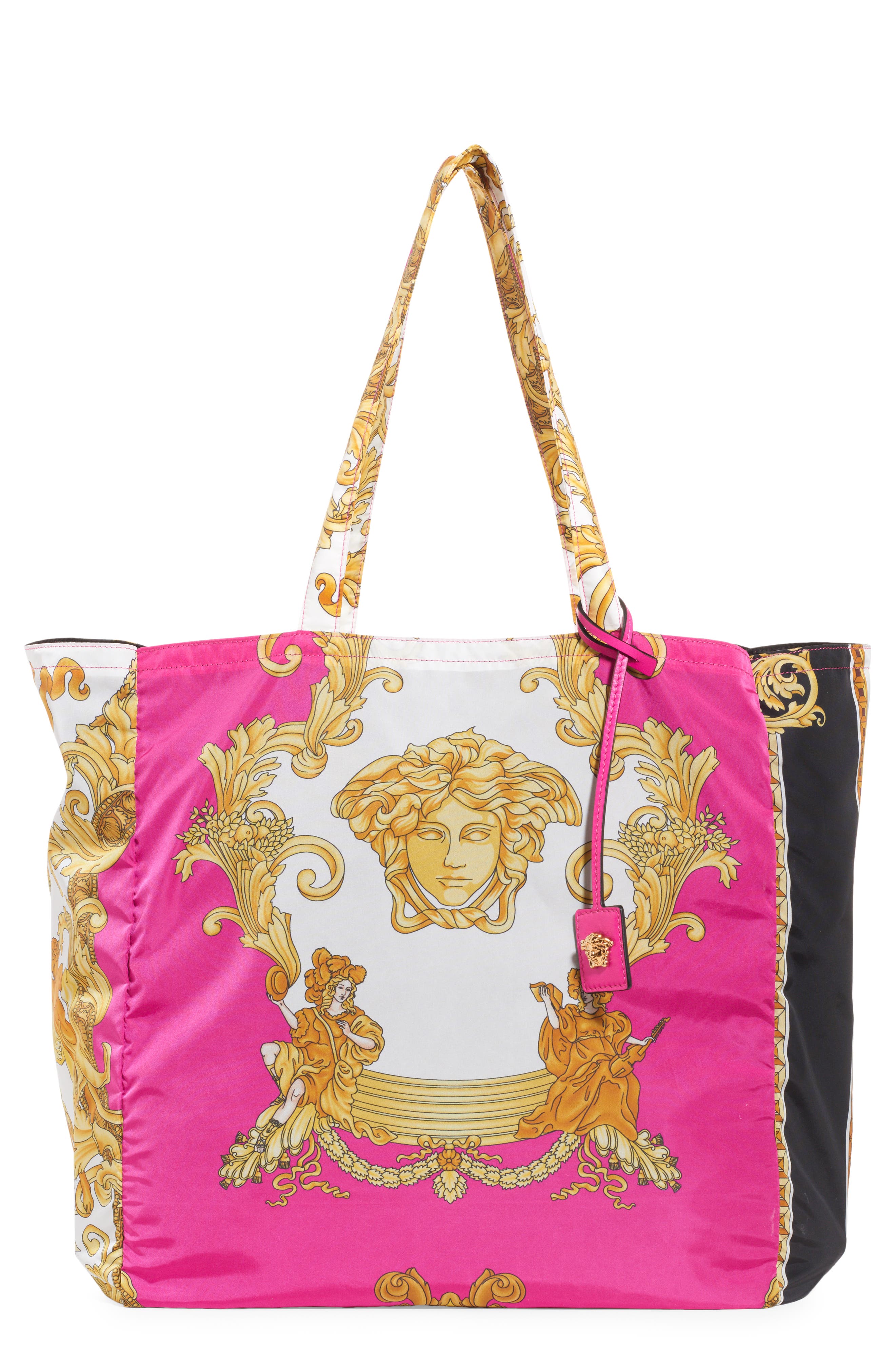 Barocco Renaissance Nylon Tote, Main, color, FUXIA MULTICOLOR VERSACE GOLD