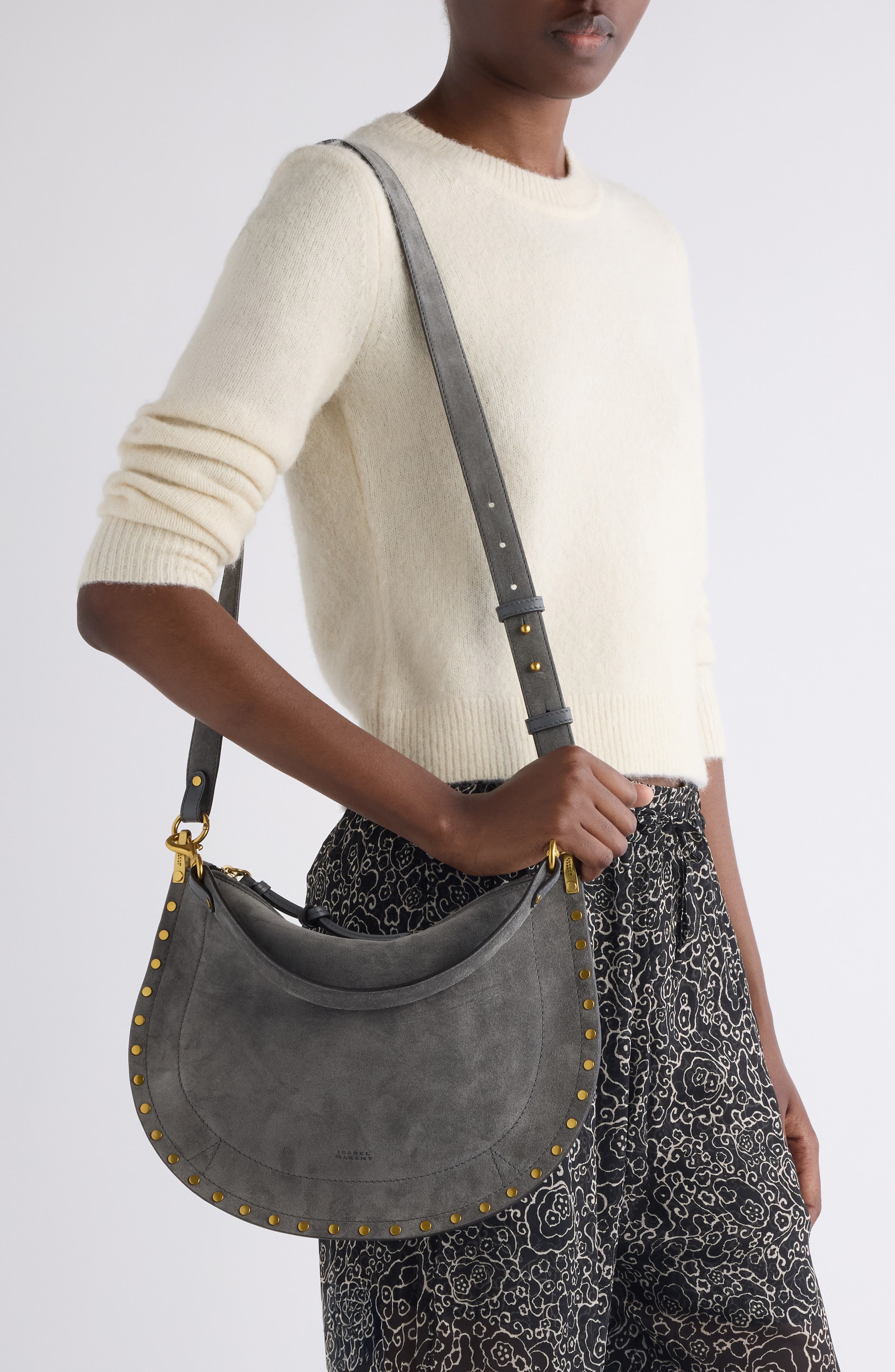 Isabel Marant Oskan Soft Suede Zipped Shoulder Bag, Alternate, color, Stone