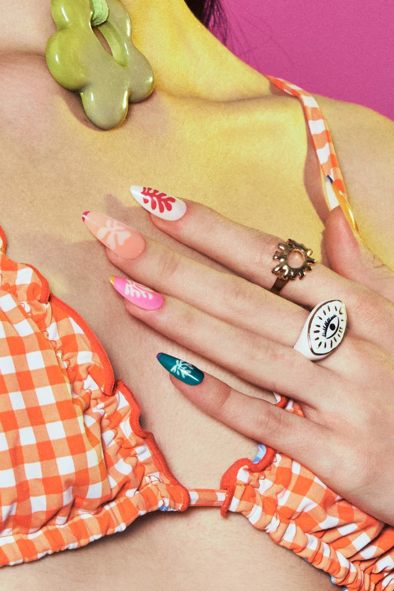Henri Matisse Snow Flowers Almond Press On Nails, Alternate, color, Vibrant Pink