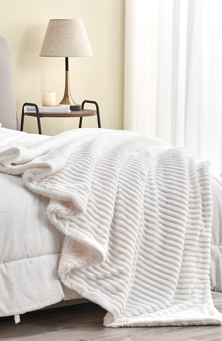 Woven & Weft Plush Ribbed Velvet Reversible Faux Shearling Throw Blanket, Alternate, color, White