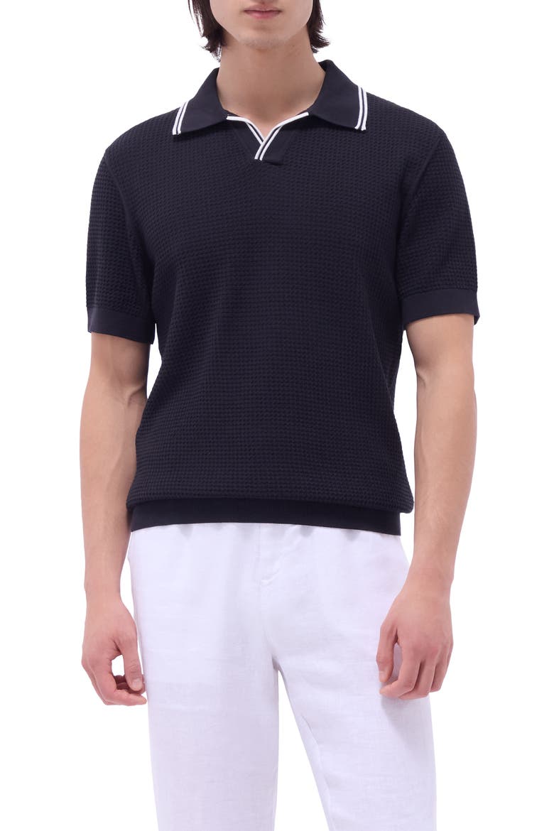 Tipped Johnny Collar Short Sleeve Sweater, Main, color, BLACK