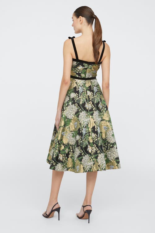 Theia Joni Velvet Bow Strap Midi Dress In Black Gold In Green