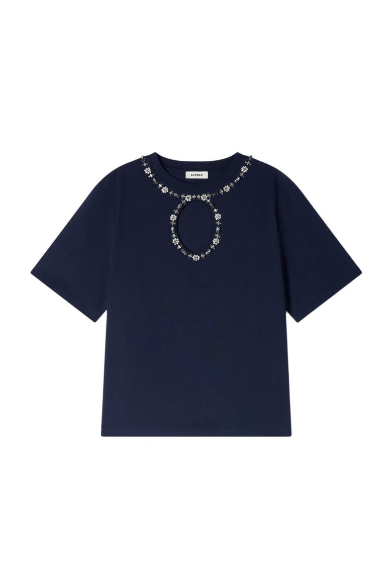 Rhinestone openwork T-shirt, Alternate, color, Navy blue