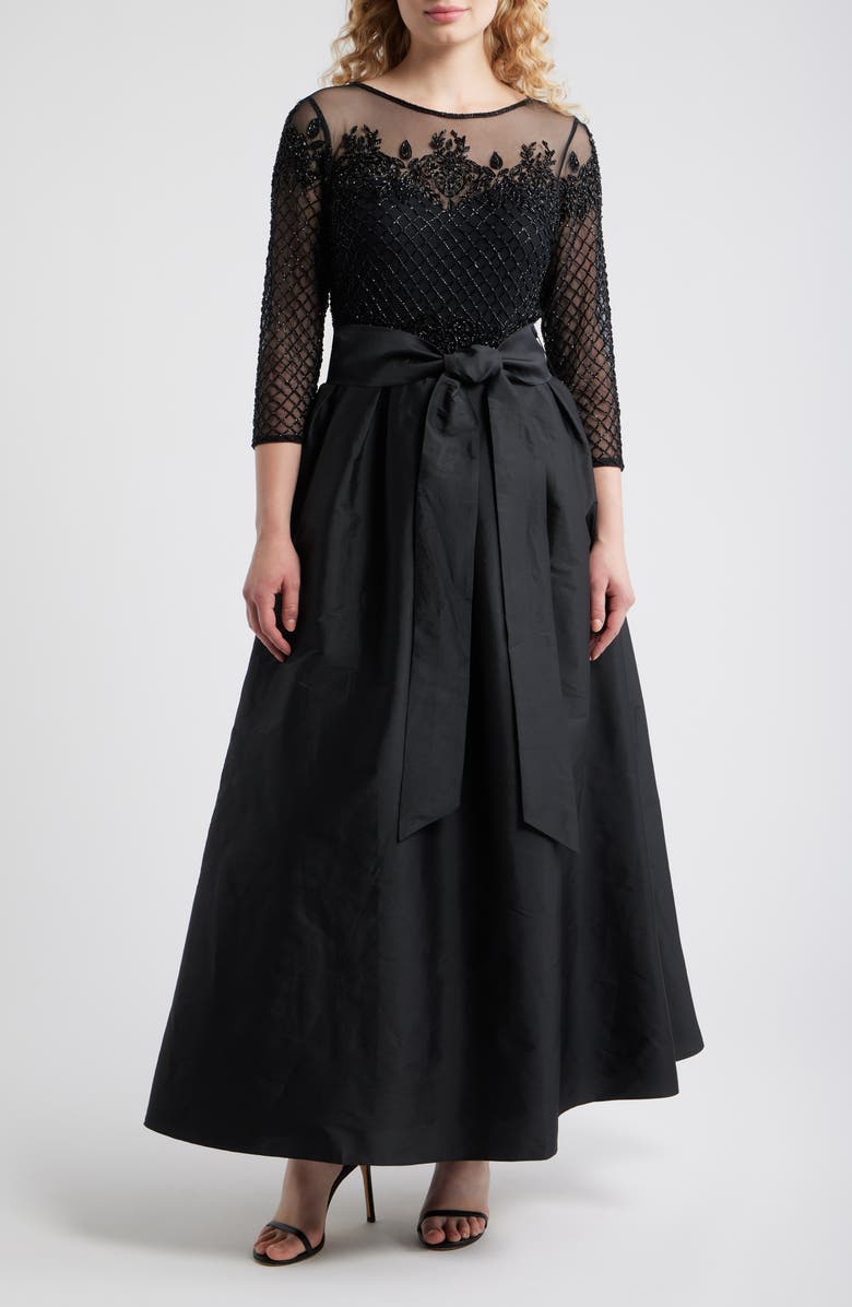 Pisarro Nights Illusion Neck Beaded A-Line Taffeta Gown, Main, color, Black