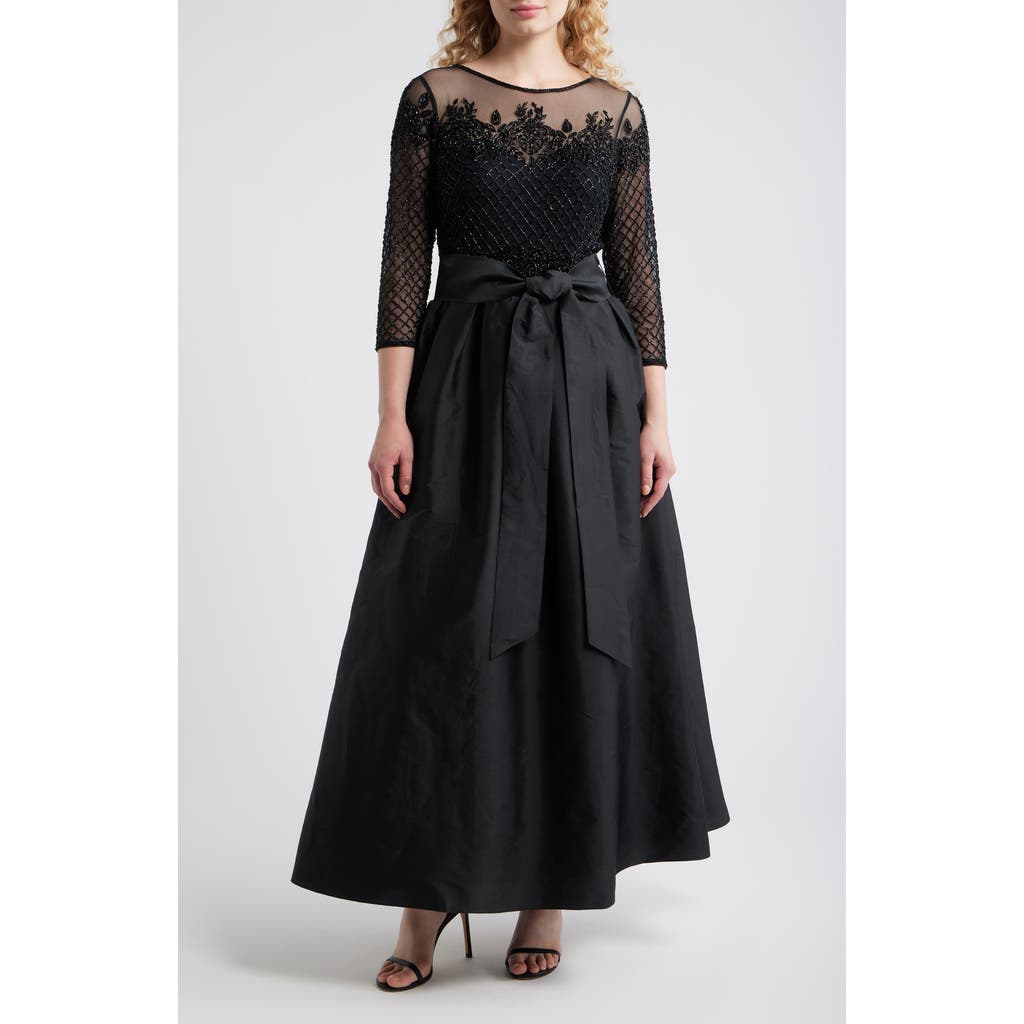 Pisarro Nights Illusion Neck Beaded A-line Taffeta Gown In Black