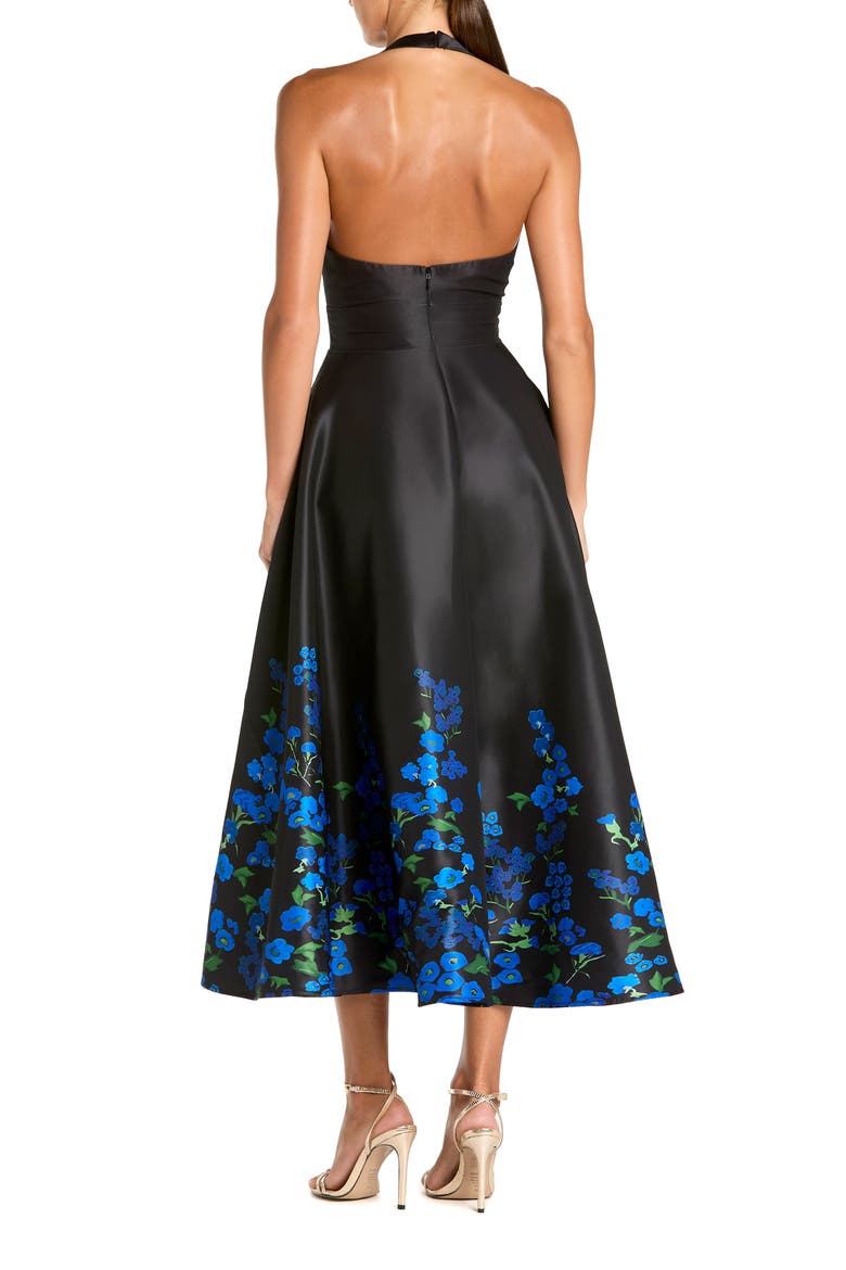 Halter Neck Floral Printed Satin Midi Dress, Alternate, color, Black Multi