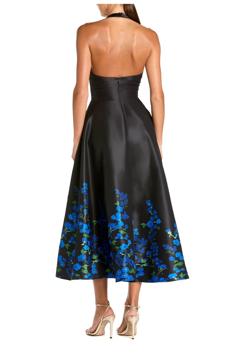 Mac Duggal Halter Neck Floral Printed Satin Midi Dress, Alternate, color, Black Multi