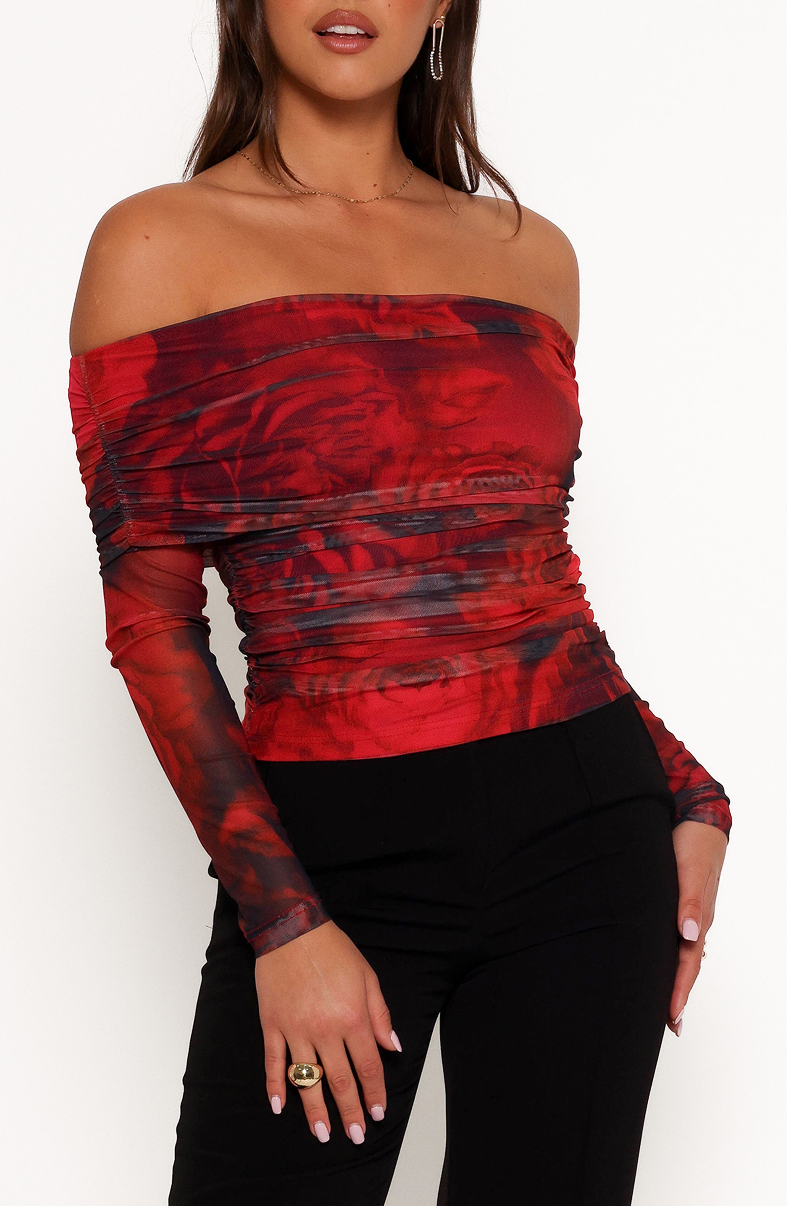 red shoulderless top