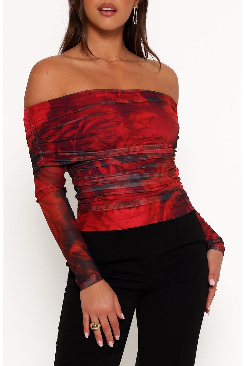 Koa Ruched Off the Shoulder Mesh Top, Main, color, ROSE PRINT