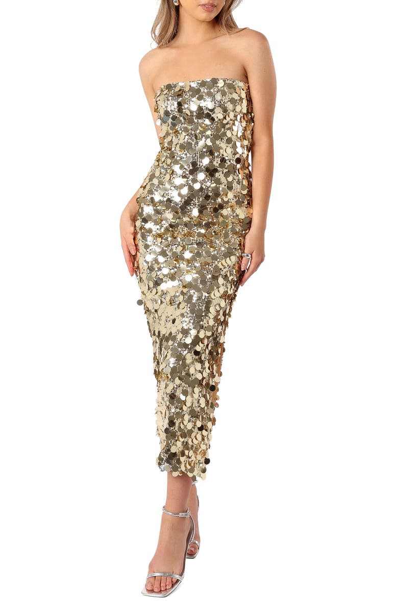 Petal & Pup Gabourne Strapless Sequin Midi Dress, Main, color, Gold Sequin
