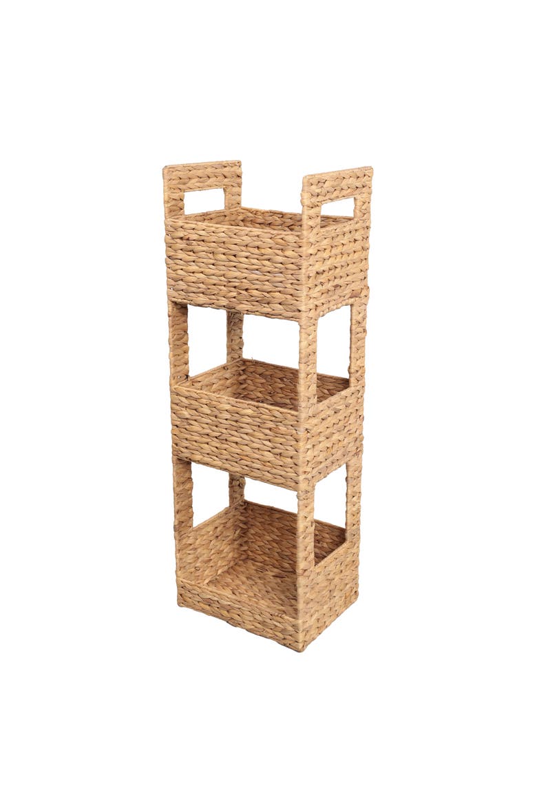 Savannah Coastal Handwoven Water Hyacinth 3-Tier Freestanding Storage Tower with Metal Frame and Handles, Main, color, Natural