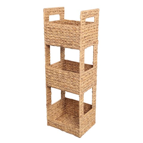 Savannah Coastal Handwoven Water Hyacinth 3-Tier Freestanding Storage Tower with Metal Frame and Handles