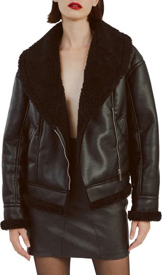 Bardot Women s Dasha Faux Shearling Faux LEAHTER Jacket Black Casual Jackets