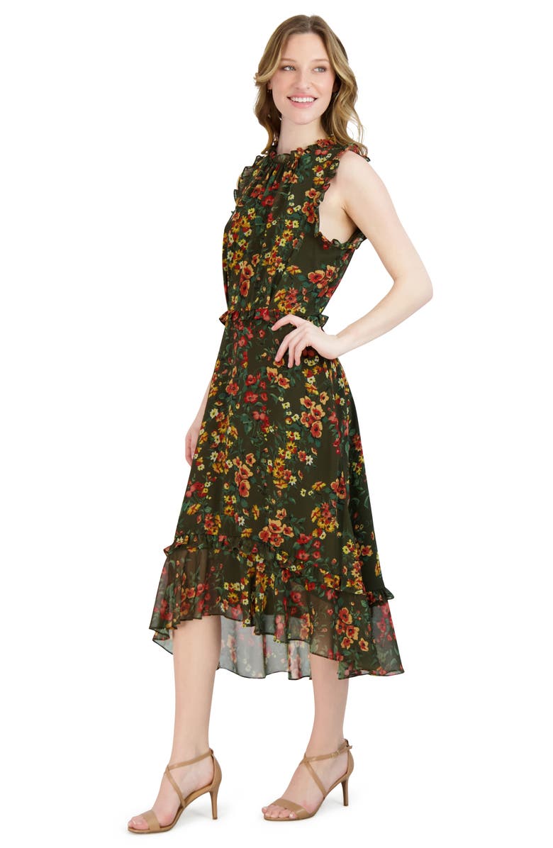 Julia Jordan Floral Sleeveless Ruffled High-Low Midi Dress, Alternate, color, Olive Multi