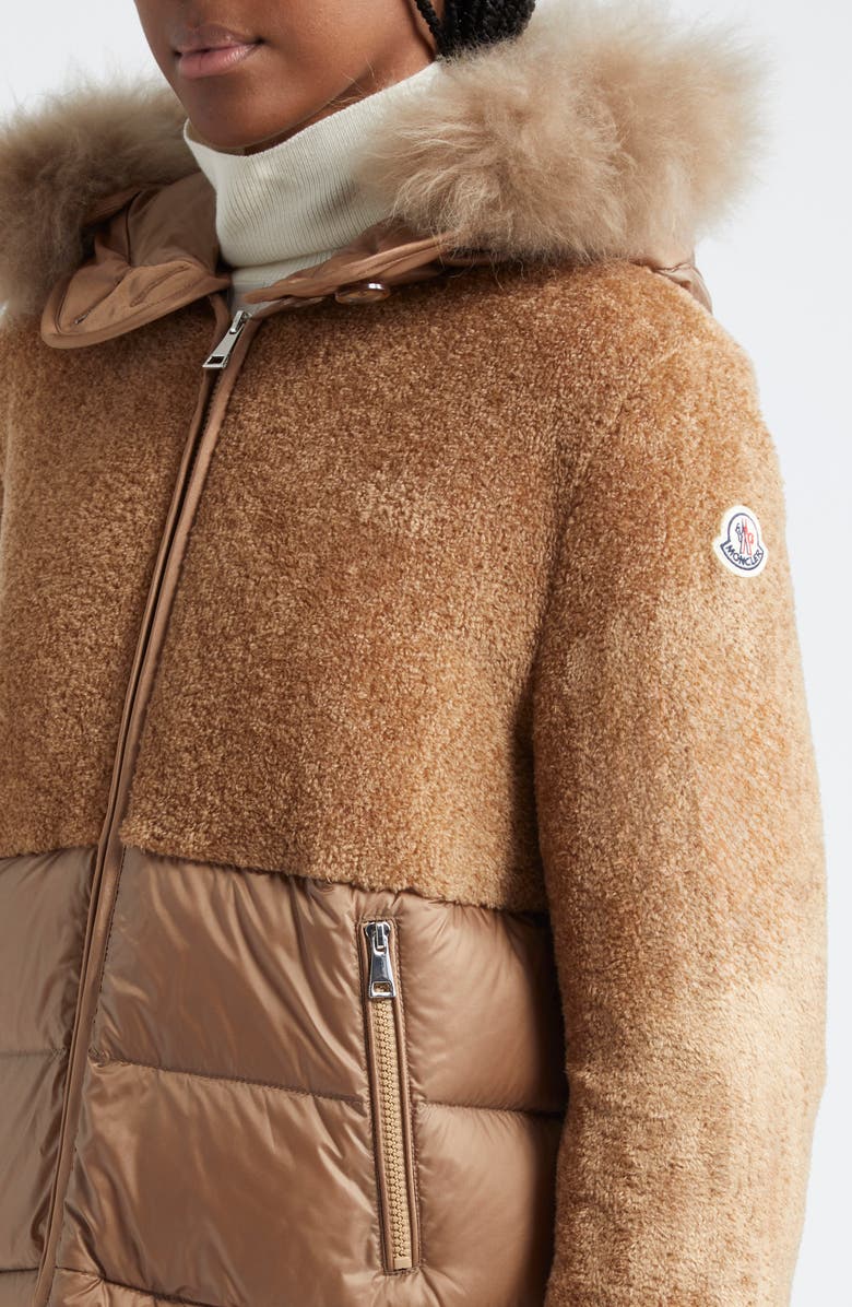 Moncler Marne Mixed Media Down Jacket with Removable Genuine Goat Hair Trim Hood, Alternate, color,