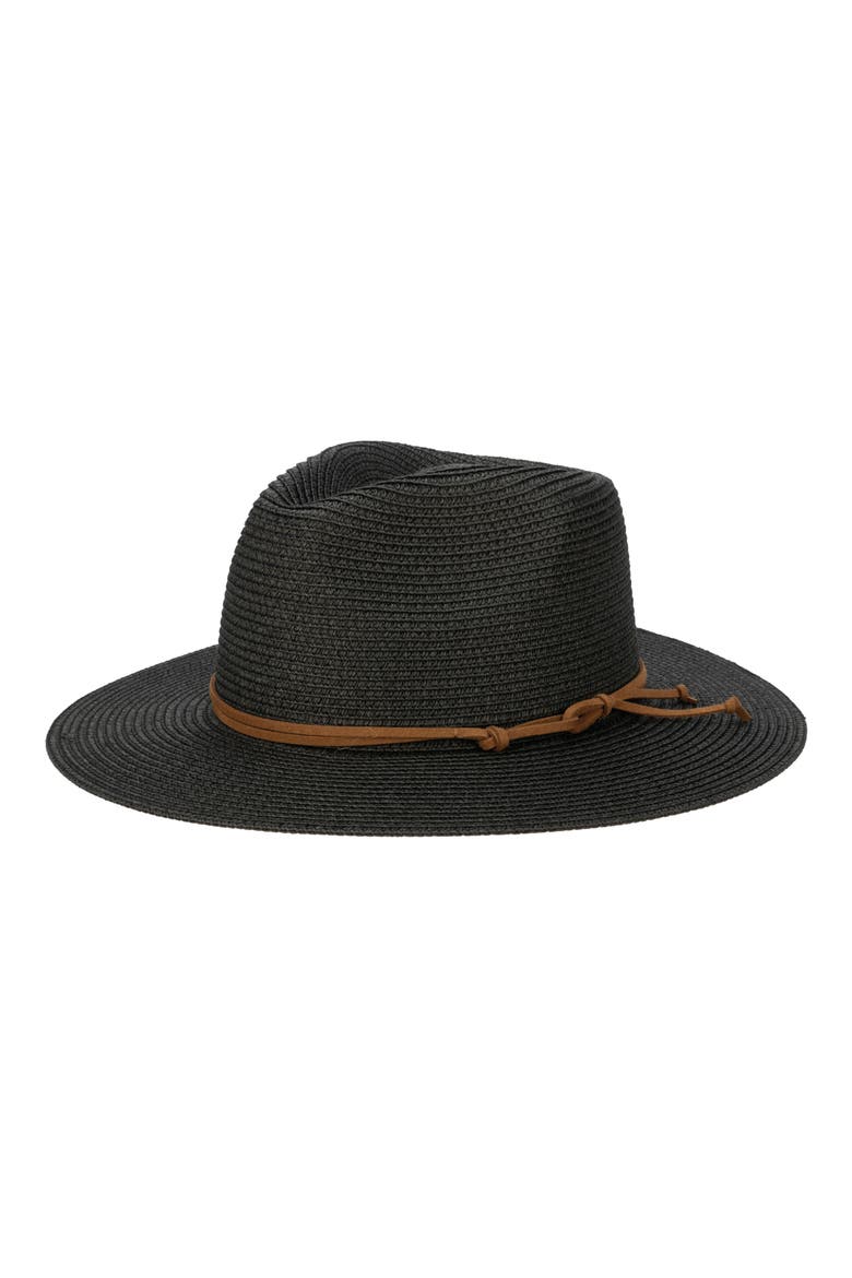Faux Suede Detail Woven Straw Fedora, Main, color, BLACK