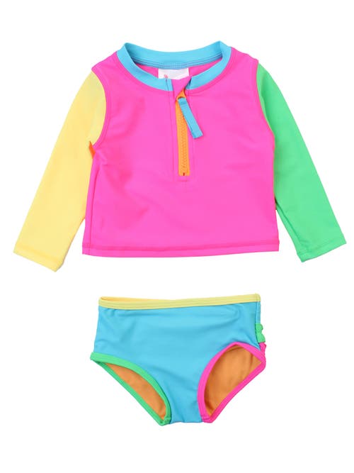 Rufflebutts Toddler Girls Upf50+ Long Sleeve Zipper Rash Guard 2-piece In Neon Color Block