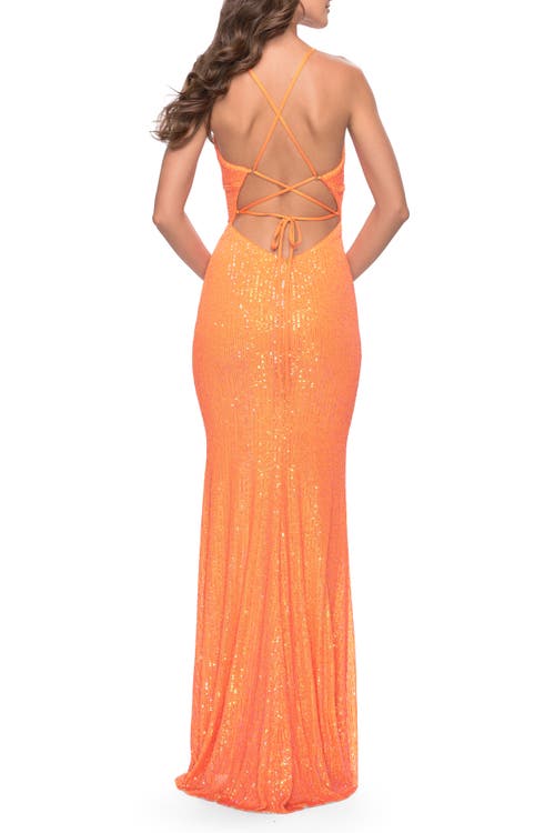 La Femme Sequin Stretch Long Prom Dress With Banded Waist In Orange