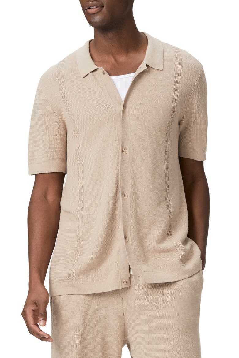 Mendez Short Sleeve Cotton & Linen Button-Up Sweater Shirt, Main, color, MOCHA CREAM