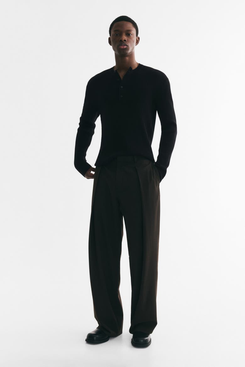 Slim-fit Ribbed Henley Shirt, Alternate, color, Black