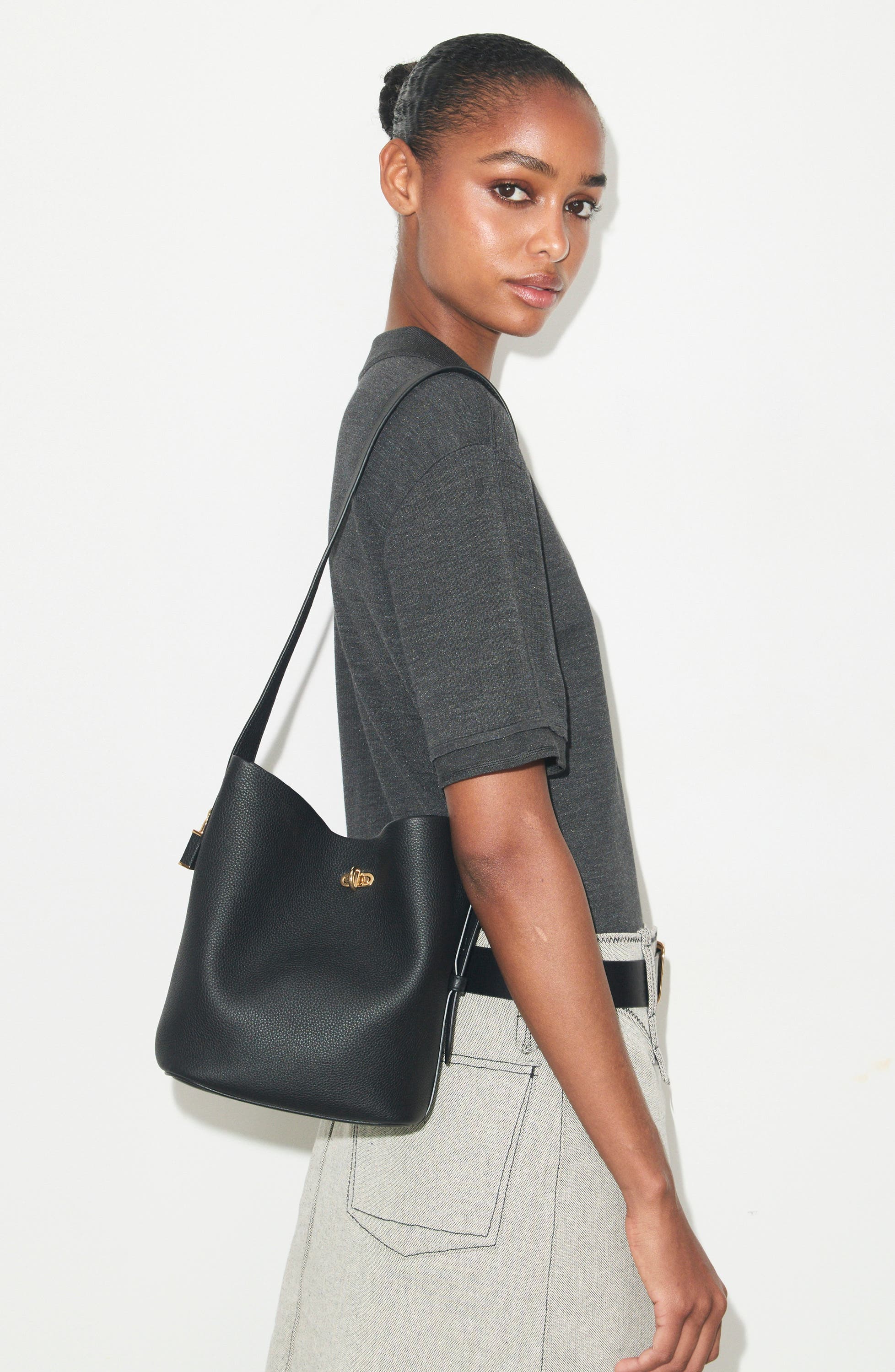 Lock Slim Medium Leather Bucket Bag, Alternate, color, BLACK