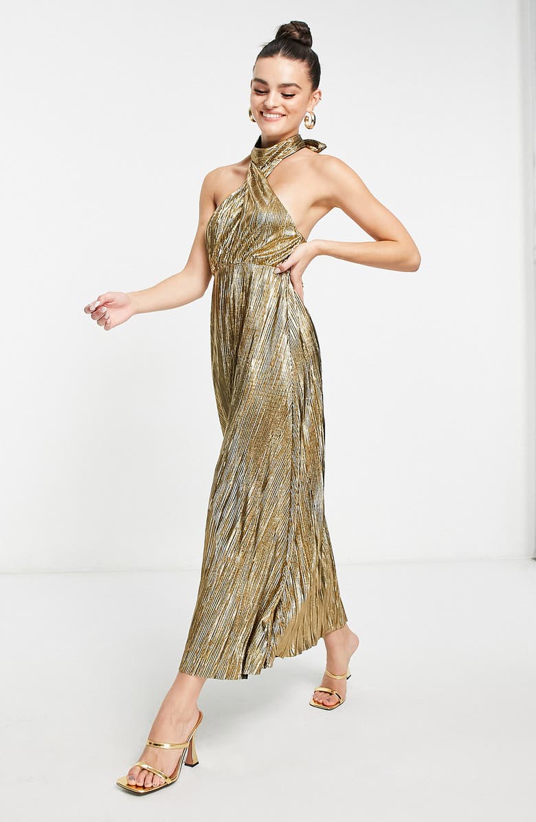 Topshop Metallic Halter Neck Plissé Midi Dress, Alternate, color, 