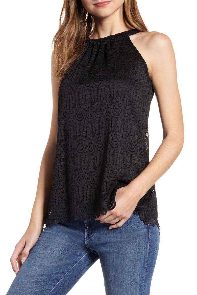Loveapella Lace Halter Neck Tank Top, Main, color, BLACK