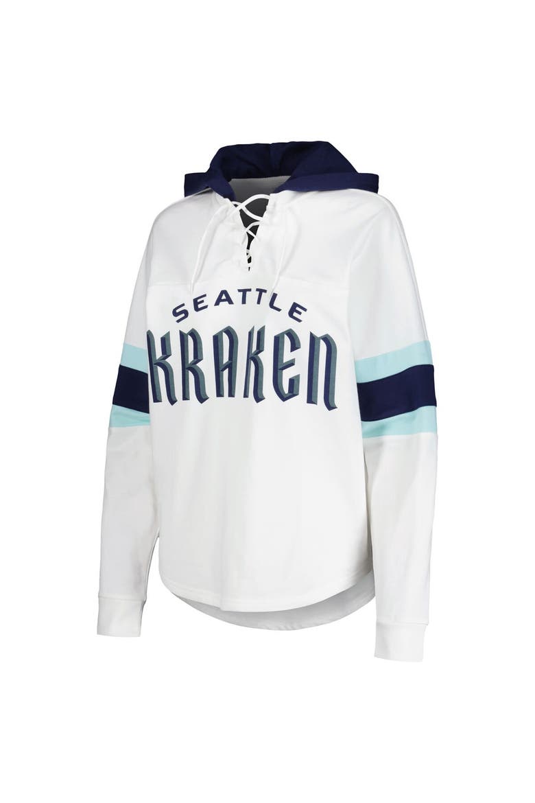 Women's G-III 4Her by Carl Banks White/Deep Sea Blue Seattle Kraken Goal Zone Long Sleeve Lace-Up Hoodie T-Shirt, Alternate, color, White