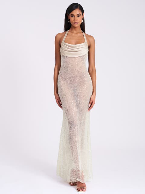 Zahya Halter Backless Beaded Mesh Gown