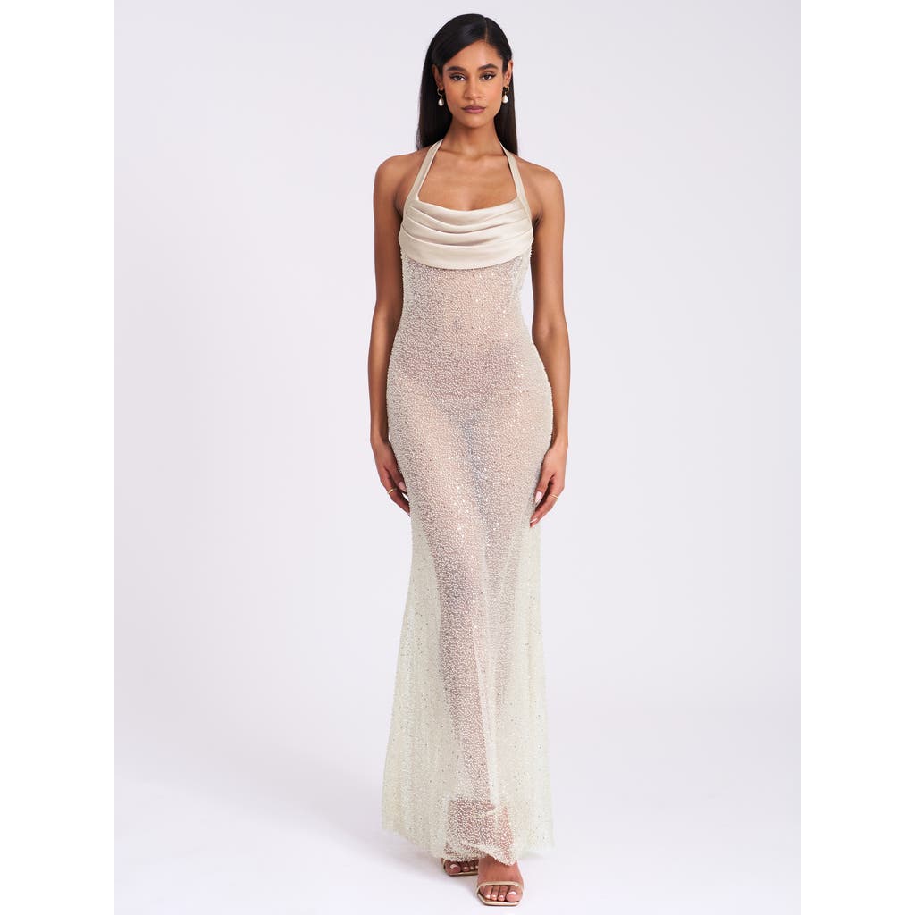 Miss Circle Women Zahya Lime Halter Backless Beaded Mesh Gown In White