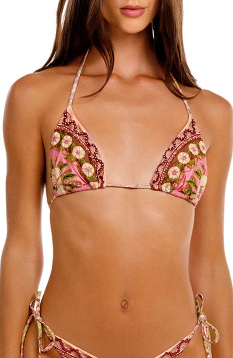 Agua Bendita Lolita Matches Embroidered Bikini Top, Main, color, Pink Multi