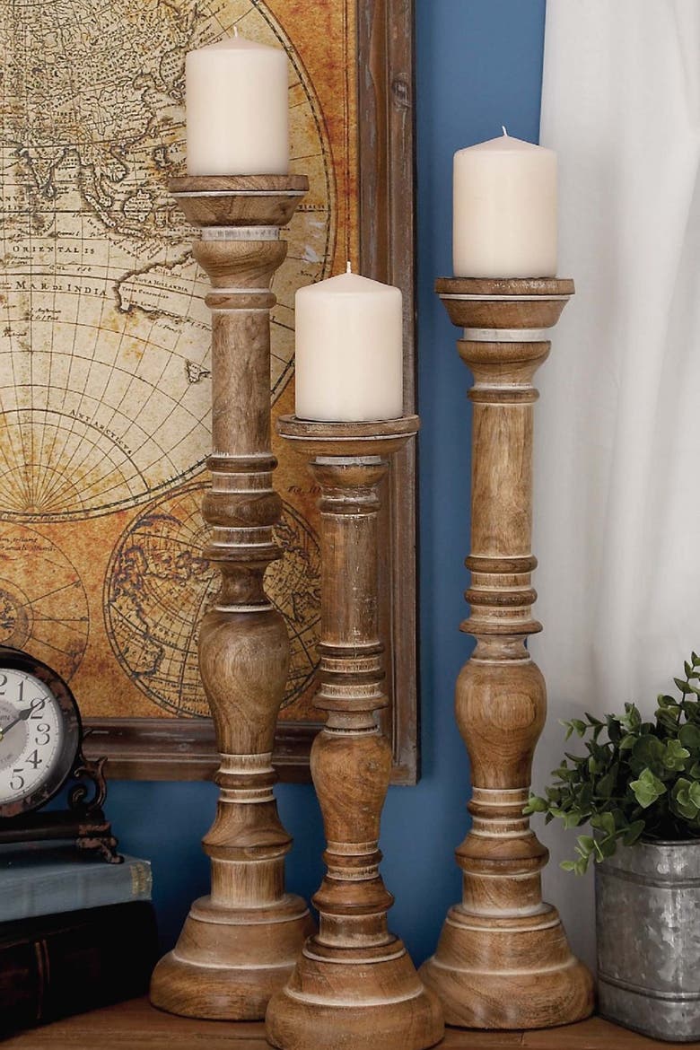 Brown Mango Wood Handmade Candle Holder with Turned Style - Set of 3, Main, color, BROWN