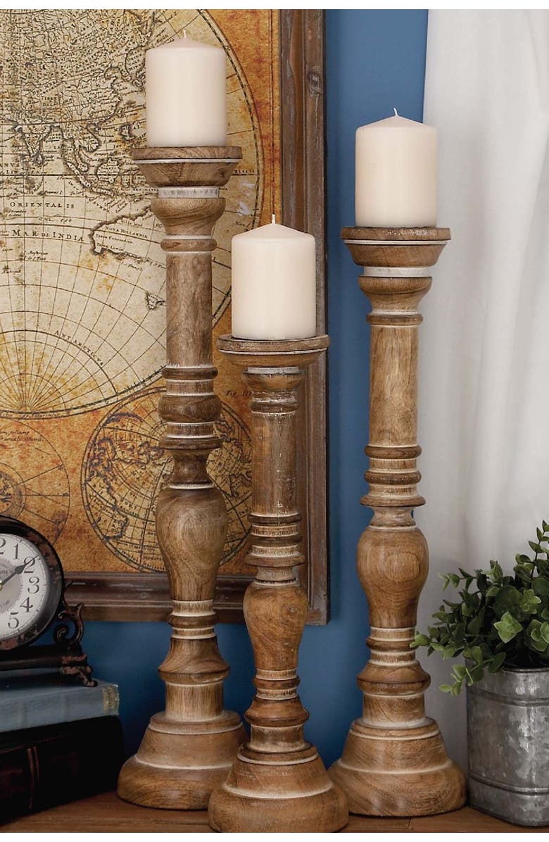 SONOMA SAGE HOME Brown Mango Wood Handmade Candle Holder with Turned Style - Set of 3, Main, color, 