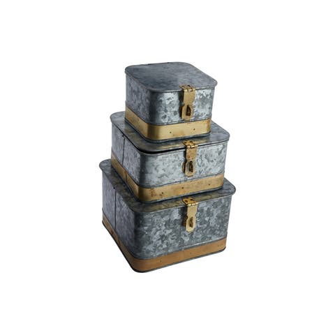 Distressed Metal Boxes with Lids, Silver and Gold, Set of 3