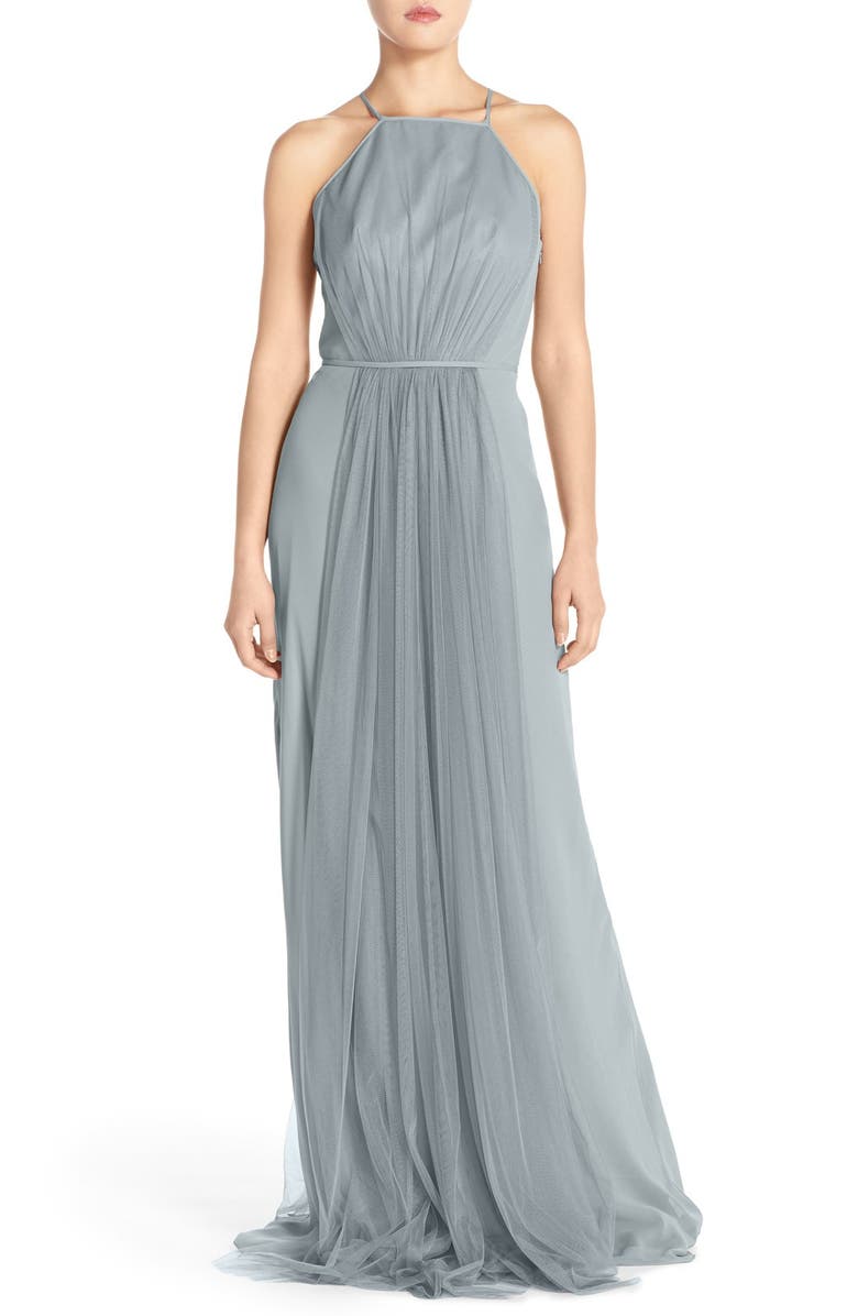 Monique Lhuillier Bridesmaids Chiffon & Tulle Halter Gown, Main, color, 