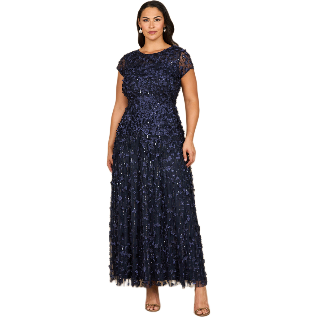 Lara New York 3d Floral Embellished Cap Sleeve Gown In Blue