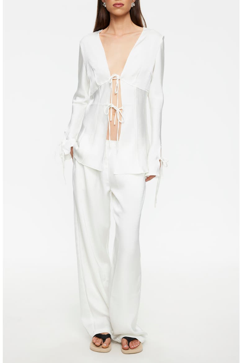 Veil Tie Front Plunge Neck Satin Top, Main, color, PORCELAIN