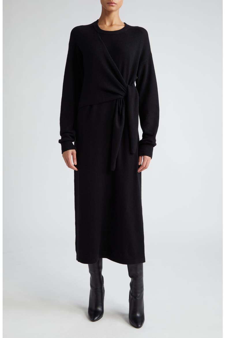 Knot Long Sleeve Recycled Cashmere & Organic Cotton Sweater Dress, Main, color, BLACK