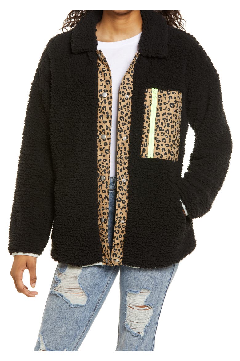 Leopard Trim Fleece Jacket, Main, color, BLACK LEOPARD