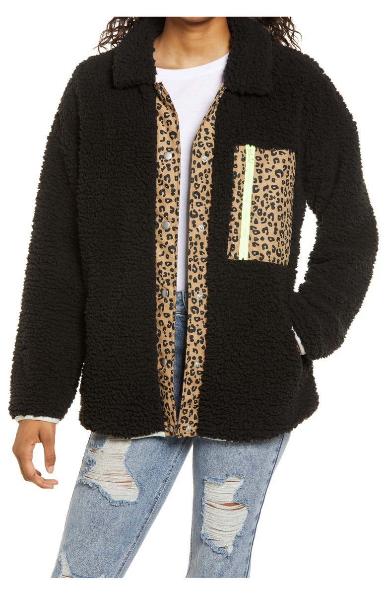 Thread & Supply Leopard Trim Fleece Jacket, Main, color,