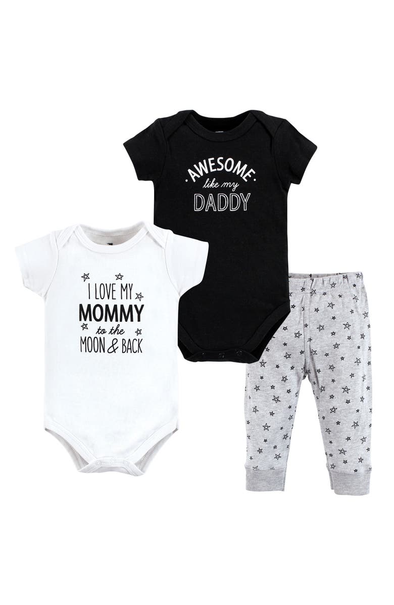 Hudson Baby Two Bodysuits & Matching Pants Apparel Set, Main, color, Mom Dad Moon And Back