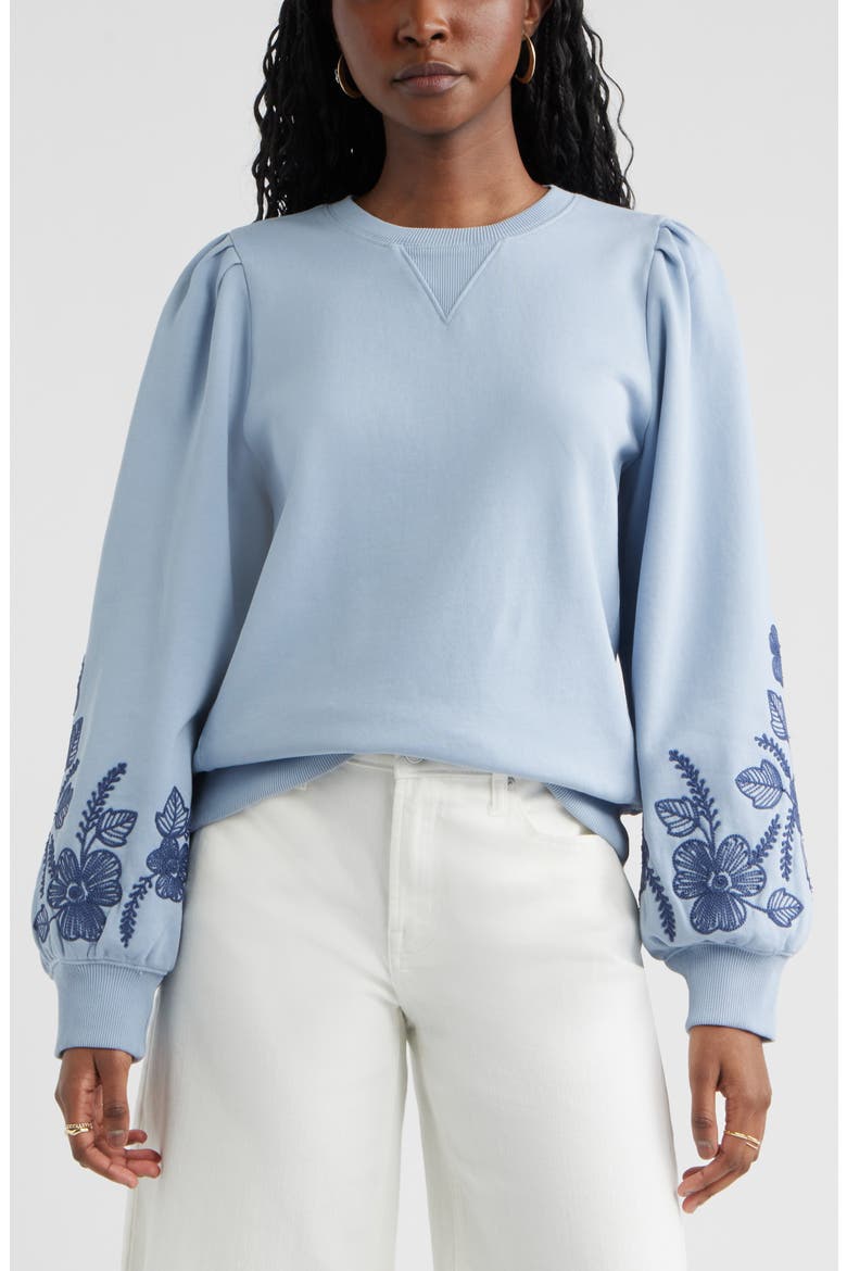 Embroidered Sleeve Cotton Sweatshirt, Main, color, BLUE BLIZZARD EMBROIDERY