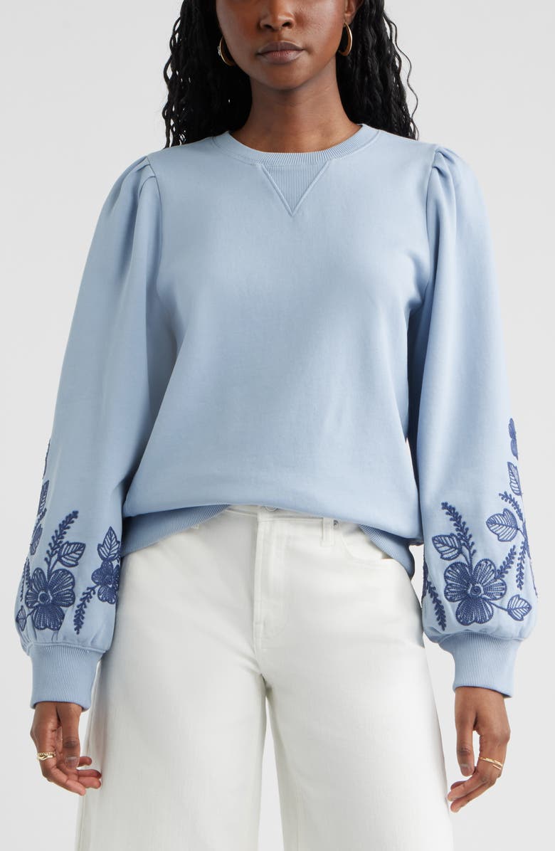 Treasure & Bond Embroidered Sleeve Cotton Sweatshirt, Main, color, Blue Blizzard Embroidery