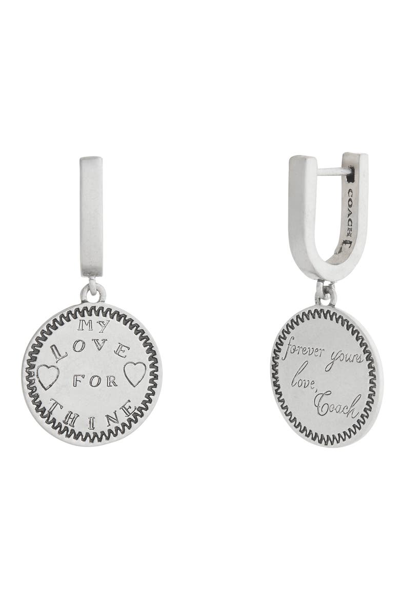 Coin Charm Huggie Hoop Earrings, Main, color, ANTIQUE SILVER